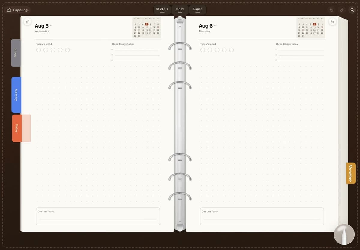 Sheets turning one after another after an index tab is tapped, coming to rest on that page